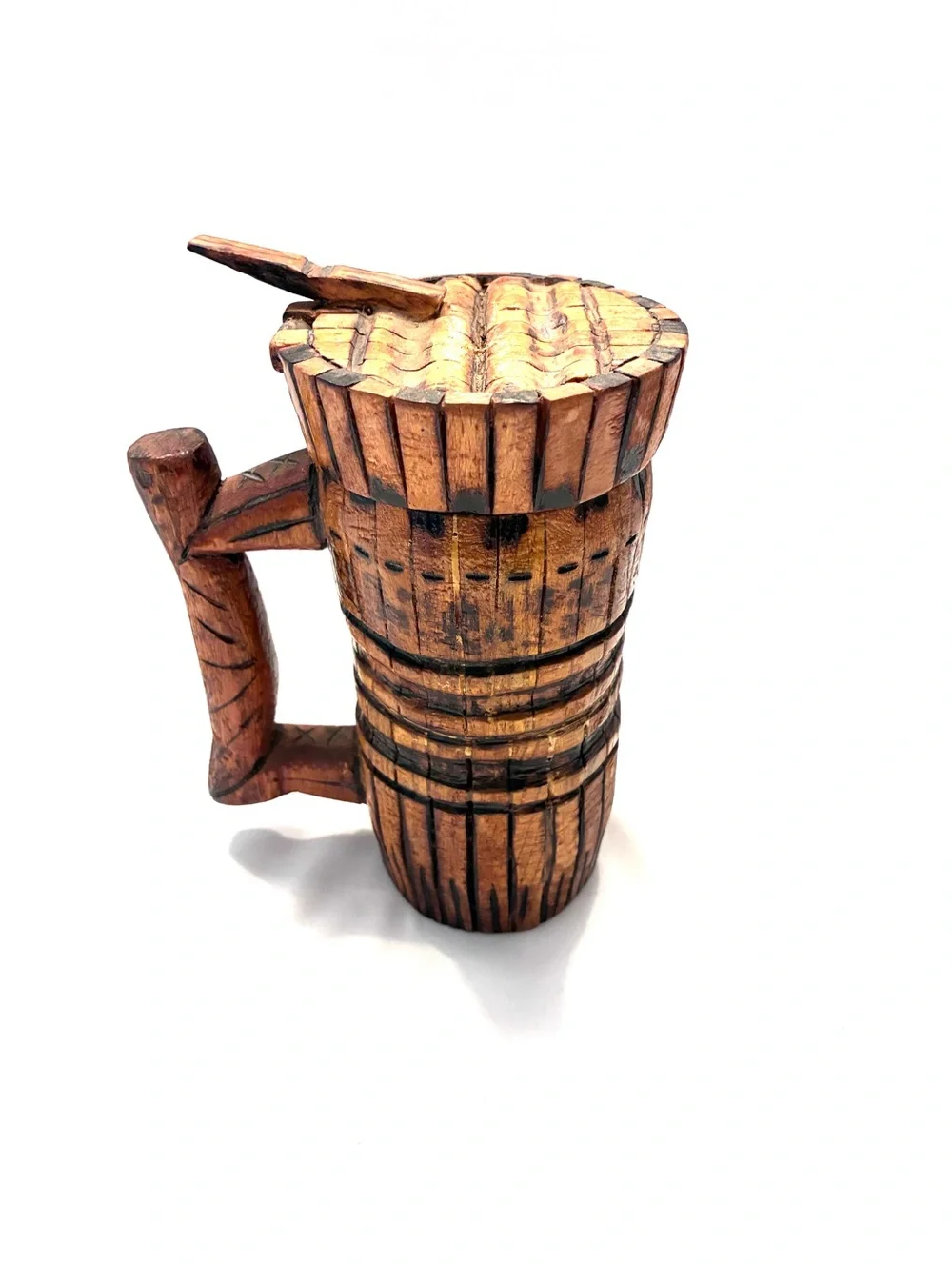 Vintage (1975) handmade, rustic wooden beer tankard
